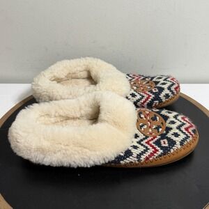 Tory Burch Shearling Slippers Women US 8 Fair Isle Knit Cozy House Shoes Indoors
